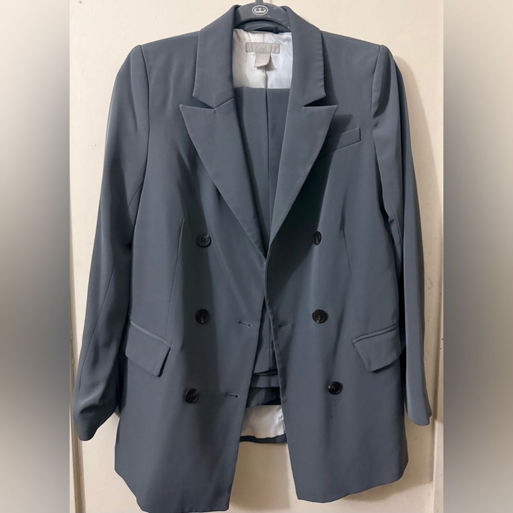 Elegant Gray Oversized Double-Breasted woman Blazer & Pants set